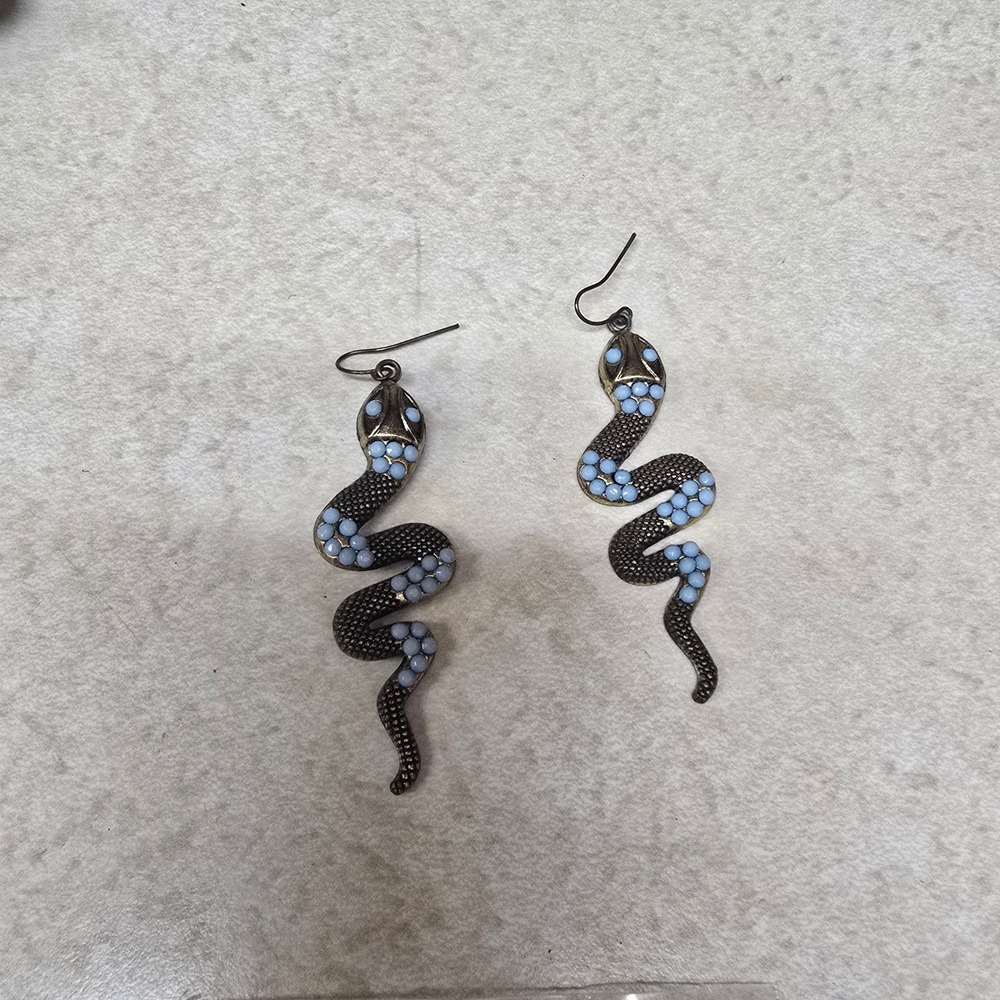 Bronze Tone Snake Drop Earrings Light Blue Bead Accents Boho Serpent Dangles